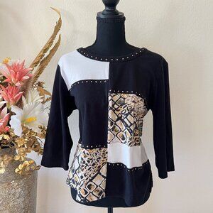 Chic Vintage Alfred Dunner Colorblock Animal Print Studded Y2K Top PL